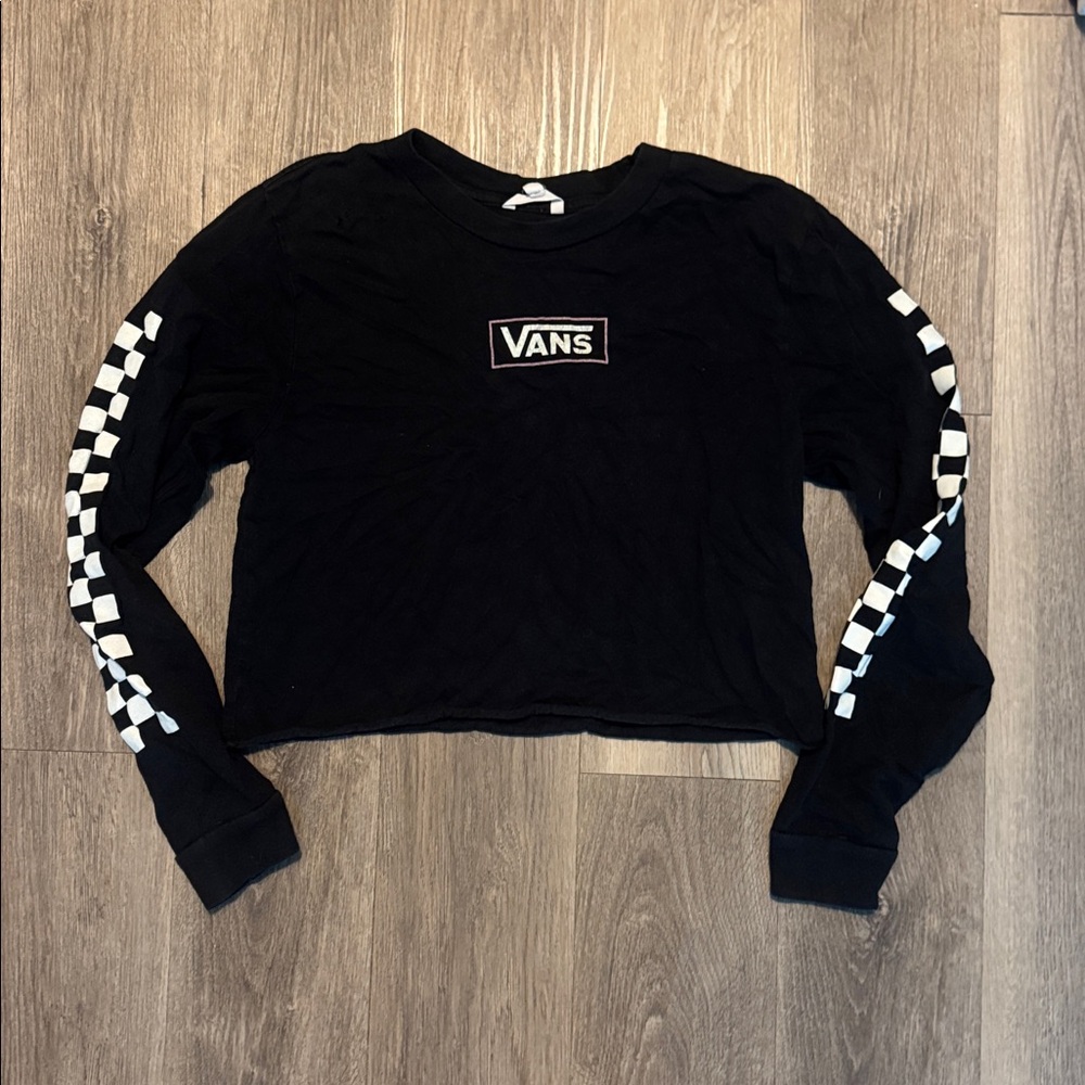 Vans Black Cropped Sweatshirt Checkerboard Sleeves Size L